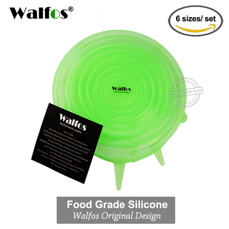 WALFOS Green 6 шт многоразовые силиконовые эластичные крышки, универсальная крышка, силиконовая пищевая упаковка, миска, крышка для кастрюли, силиконовая крышка для кастрюли, кухонные пробки - Цвет: WALFOS Green