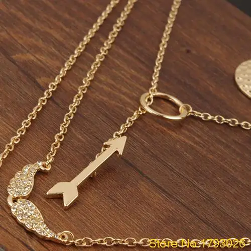 Золото панк Крылья Ангела стрелы кристалл многослойных ожерелье 4TIK|pendant necklace|angel