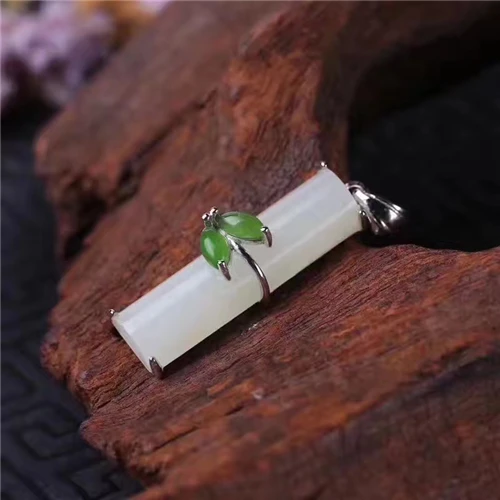 Серебра 925 натуральный Зеленый Белый Хотан Ю. Камень Bamboo Стиль мотаться Лаки