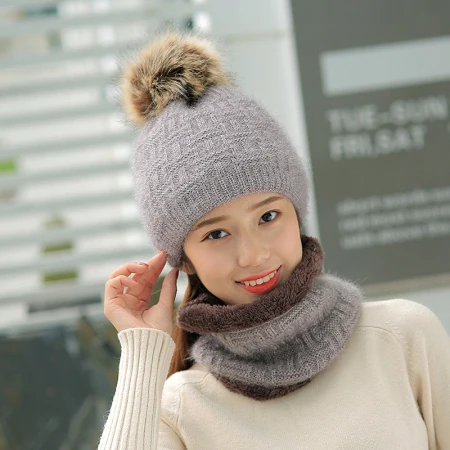 Grey HT1477, новые модные женские зимние шапки и шарф, наборы, толстые теплые шерстяные вязаные шапки, шарф, высокое качество, Меховые помпоны, шапки, женские шапочки - Цвет: Grey