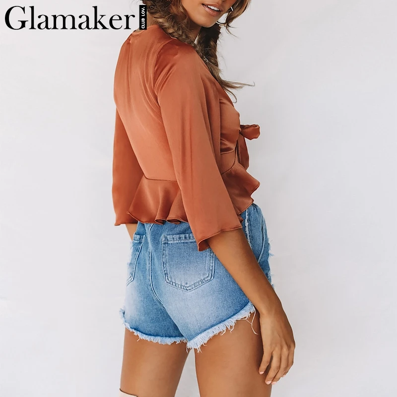 Женская блузка Glamaker белая бандажная с рукавом фонариком и оборками для фитнеса