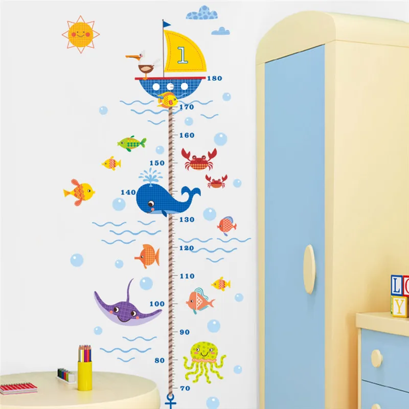

Cartoon Shark Fish Boat height measure wall sticker for kids room pvc growth chart wall decals posters mural Bathroom Decor