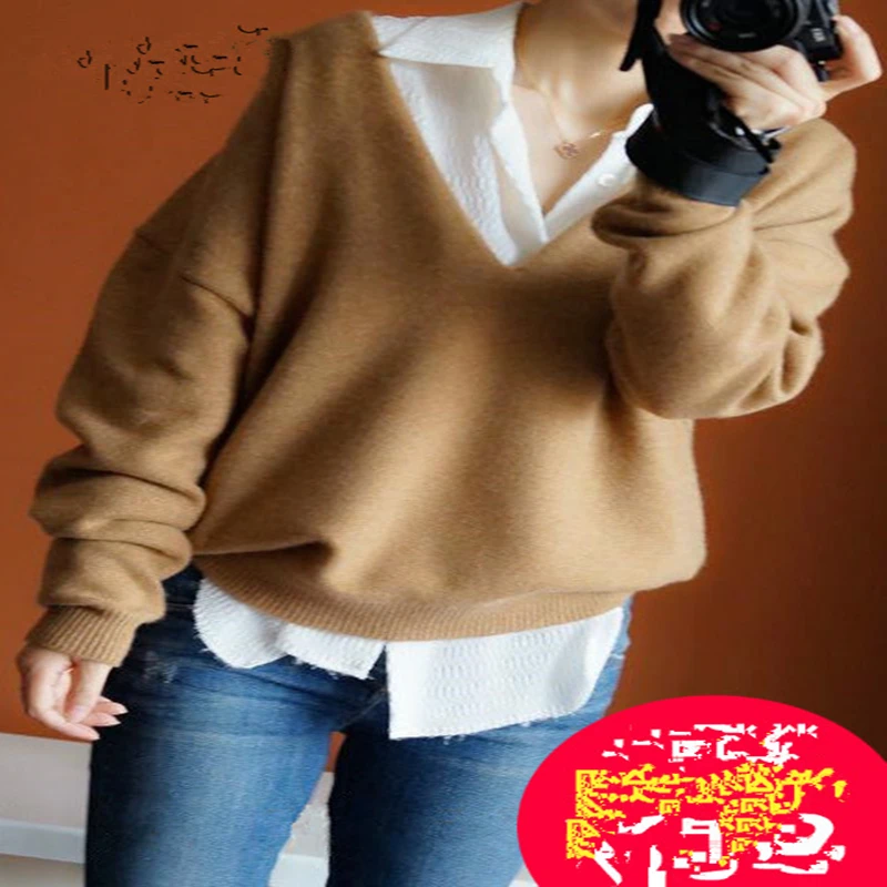 Spring and autumn new women's V-neck short pullover loose solid color simple sweater wild soft comfortable female models | Женская