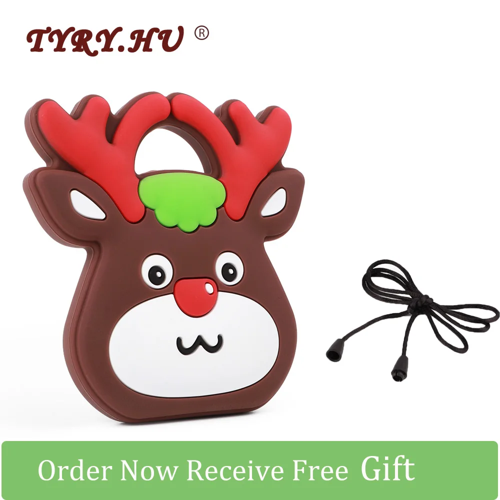 

TYRY.HU 1pcs Christmas deer Teether Cartoon Food Grade Baby Silicone Teething Toys For Mother DIY Baby Pacifier Chain Free Gifts