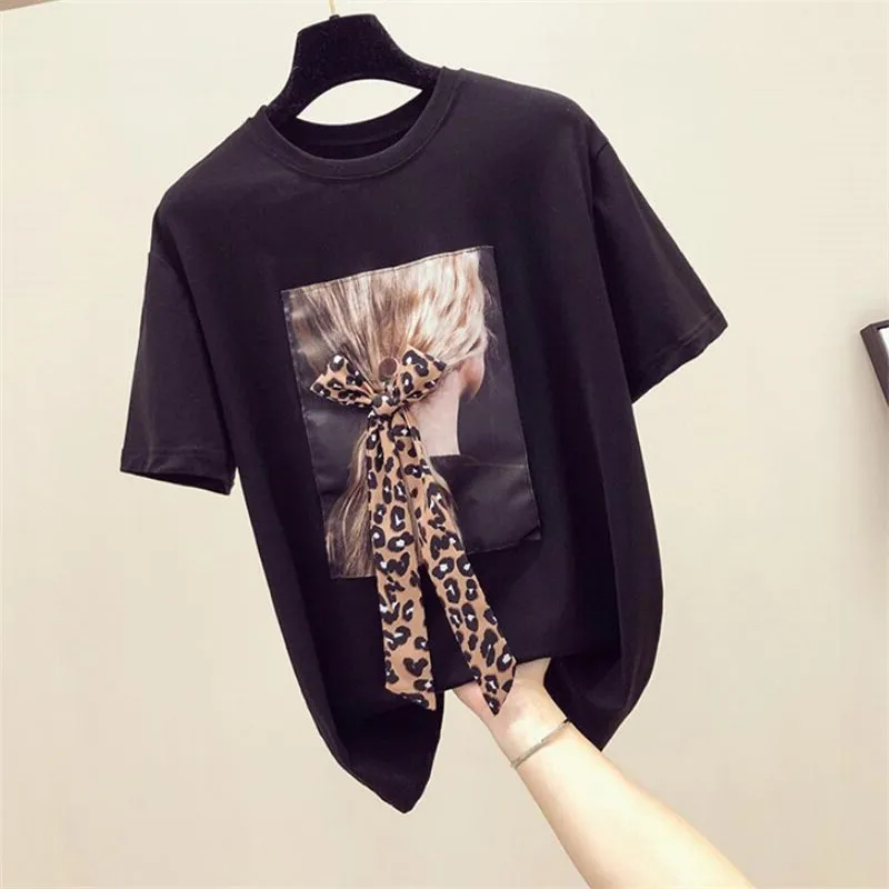 2019 летние женские топы с мультяшным Кроликом футболка леопардовым бантом модные