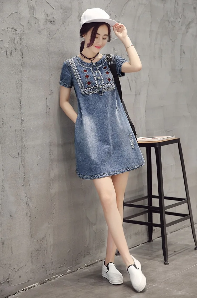 2019 платье из джинсовой ткани с вышивкой в винтажном стиле Мягкие повседневное