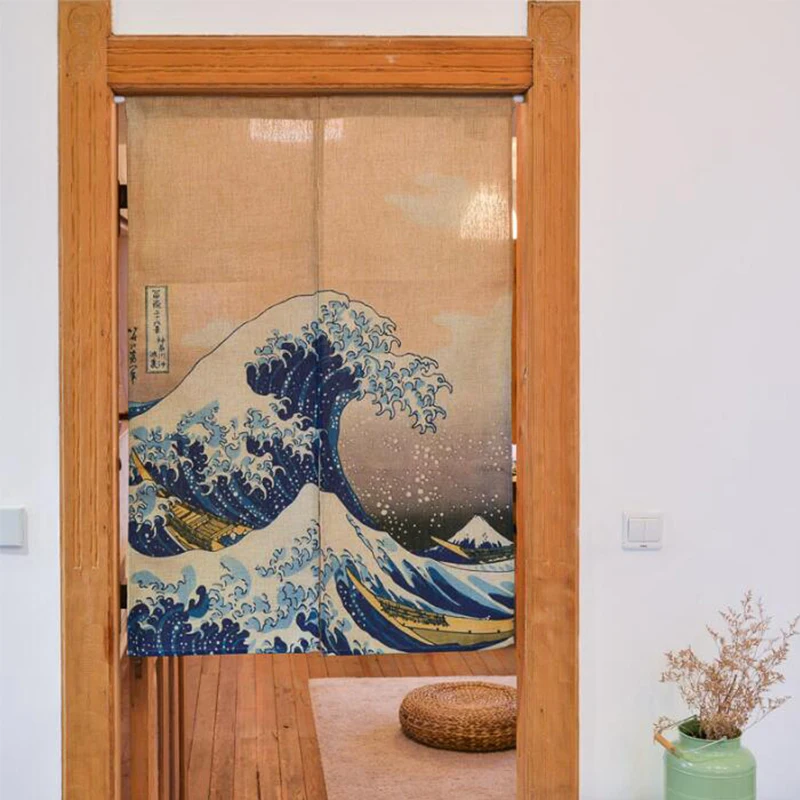 

Japanese Door Curtain Linen Cotton Waves Printed Short Curtains for Living Room Kitchen Door Curtains Home Decoration