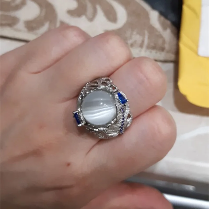 Женское Винтажное кольцо с натуральным опалом кошачий глаз серебряное большим