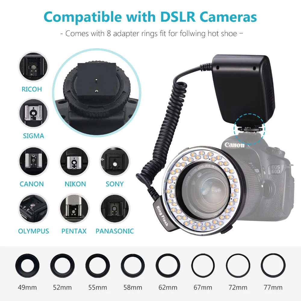 Neewer 48 RF550D Макро LED Кольцевая Вспышка LCD дисплей с 4 диффузором 8 Переходных кольцов