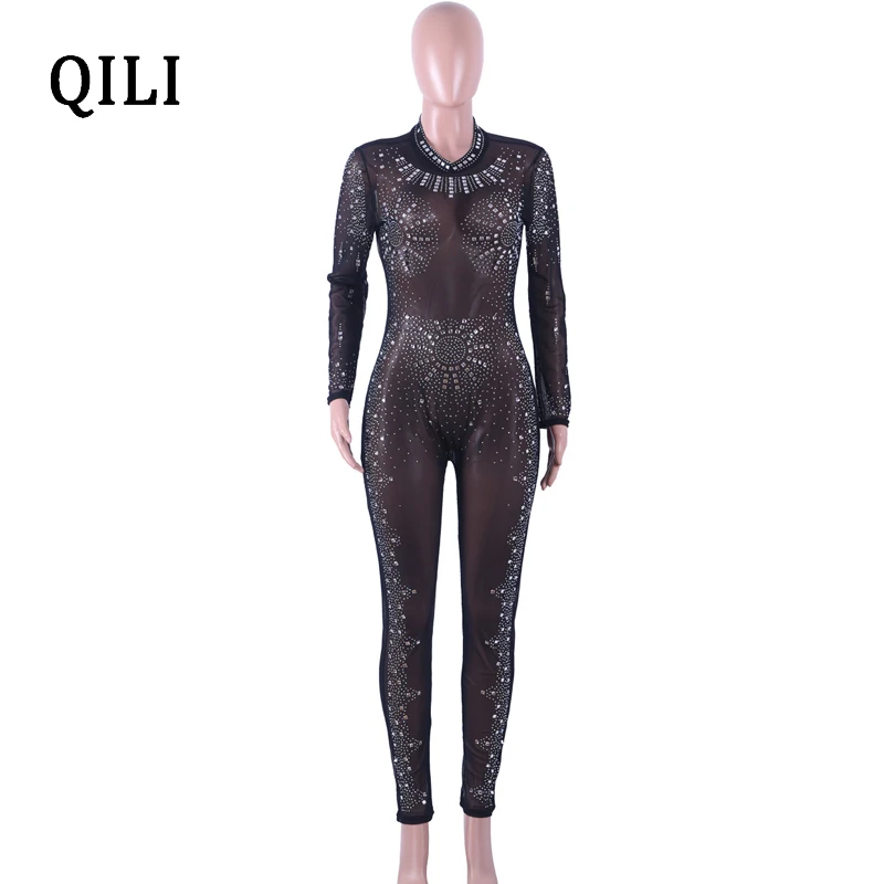 QILI, женские комбинезоны, стразы, сексуальные, прозрачные, сетчатые, обтягивающие, длинные штаны, Облегающий комбинезон, черный, хаки, клубный комбинезон - Цвет: Черный