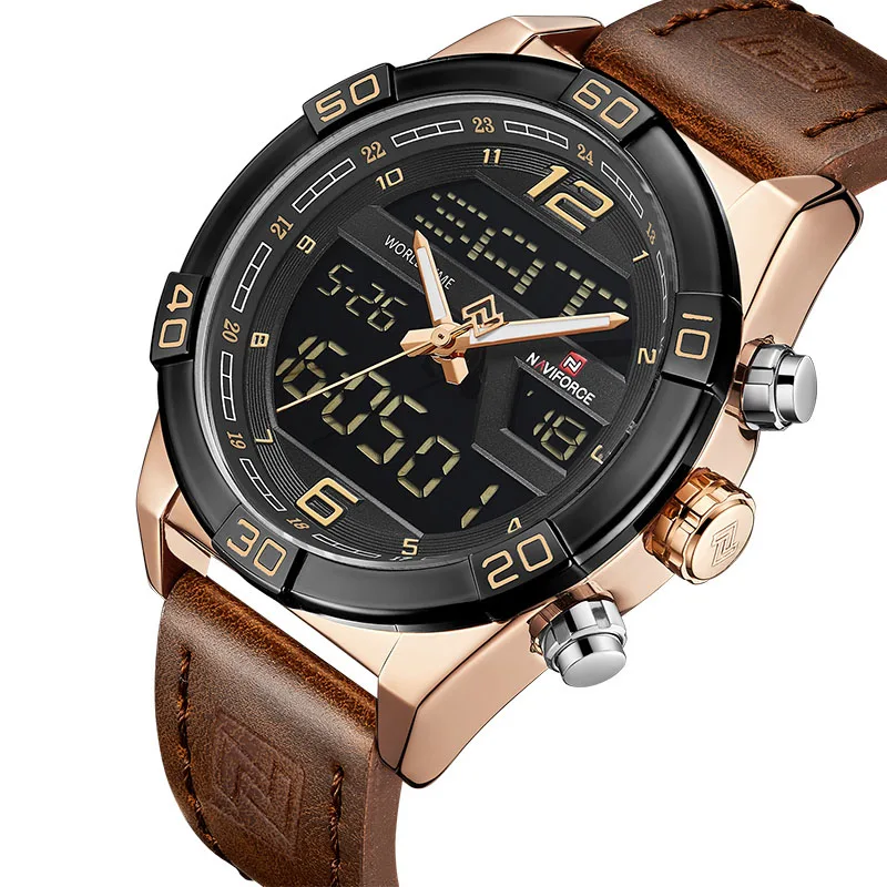 Gold Brown Топ люксовый бренд NAVIFORCE мужские s часы мужские кожаные спортивные часы водонепроницаемые кварцевые цифровые часы мужские армейские военные наручные часы - Цвет: Gold Brown