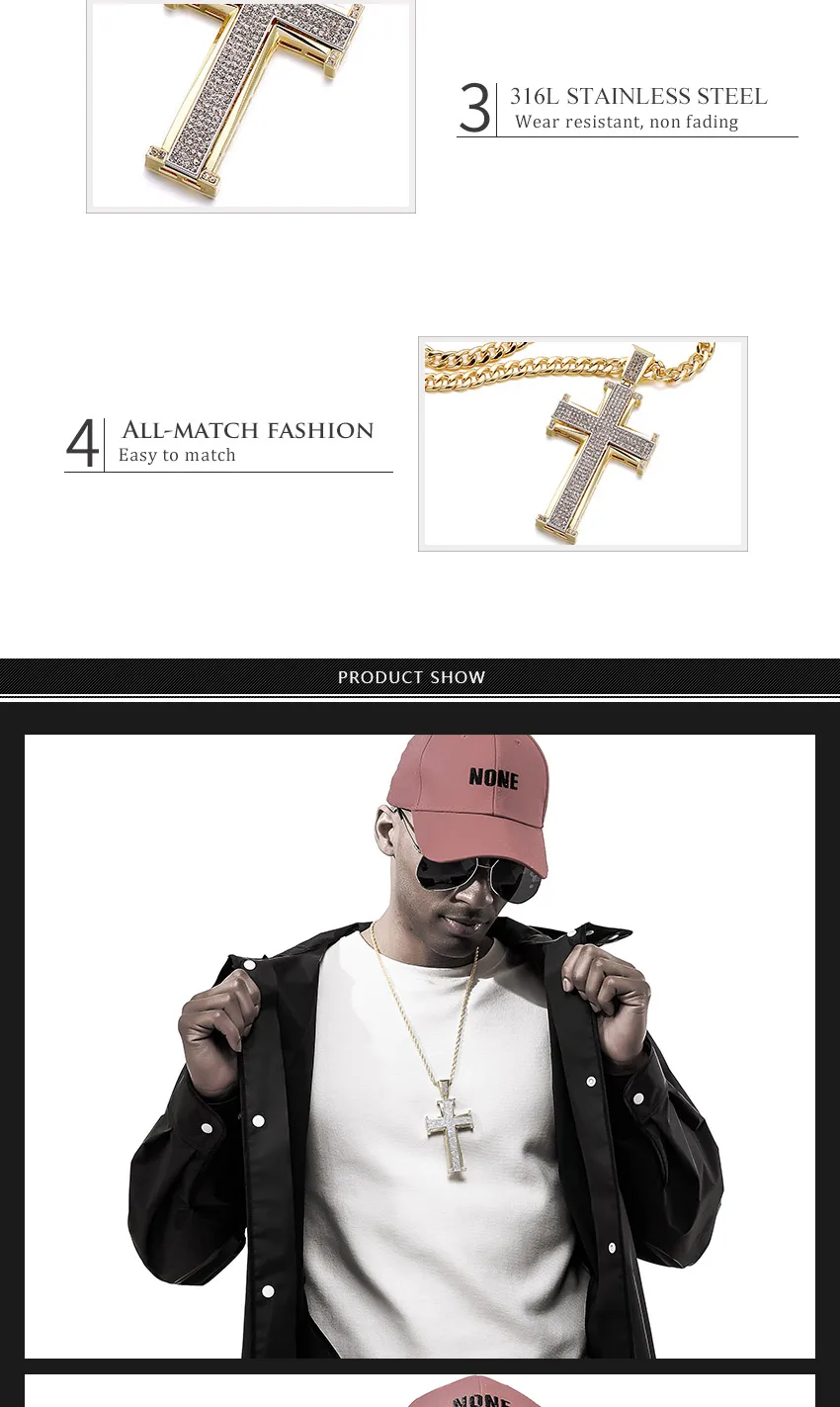 Bling крест кулон Iced Out Черный/Белый Кристалл Шарм золото/серебро Мужская цепочка подвеска подарок на день отца хип-хоп ювелирные изделия