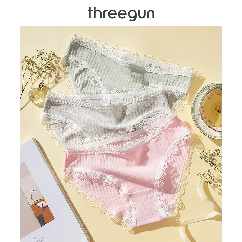 THREEGUN BAILIAN нижнее белье 3 шт. женские трусики кружевные хлопковые ребристые с