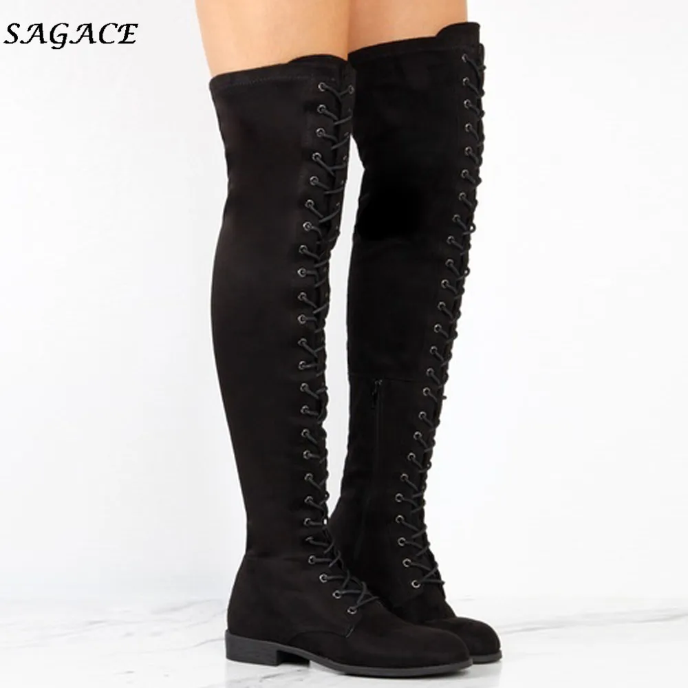 SAGACE/обувь Женская обувь на платформе с перекрестной шнуровкой Высокие Сапоги