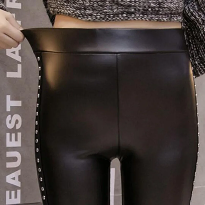 CHSDCSI Women Faux Leather Black Leggings PU Leather Thick Warm Female Velvet Leggings Slim Pant Ladies Sexy Trousers High Waist