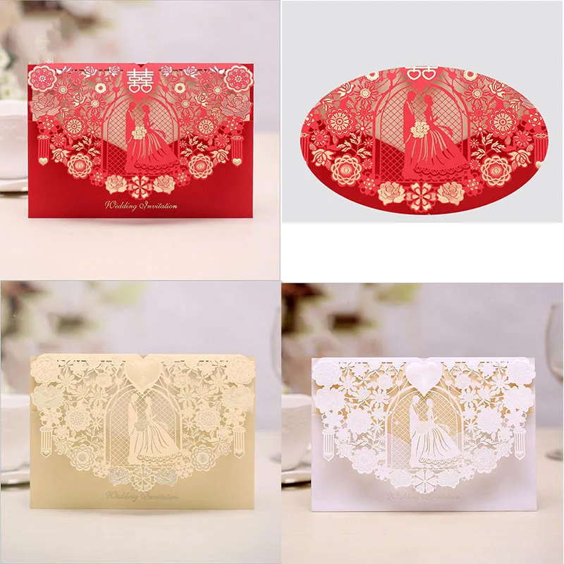

100pcs Red Gold White Laser Cut Wedding Invitations Card Bride and groom Greeting Cards Envelopes Wedding Party Favor Decoration