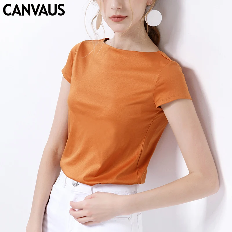 

CANVAUS Women Cotton T Shirt Elegant Tshirt Solid Slim Slash Neck Short Sleeve T-shirt Tee Shirt Femme Camisas Mujer K1029A