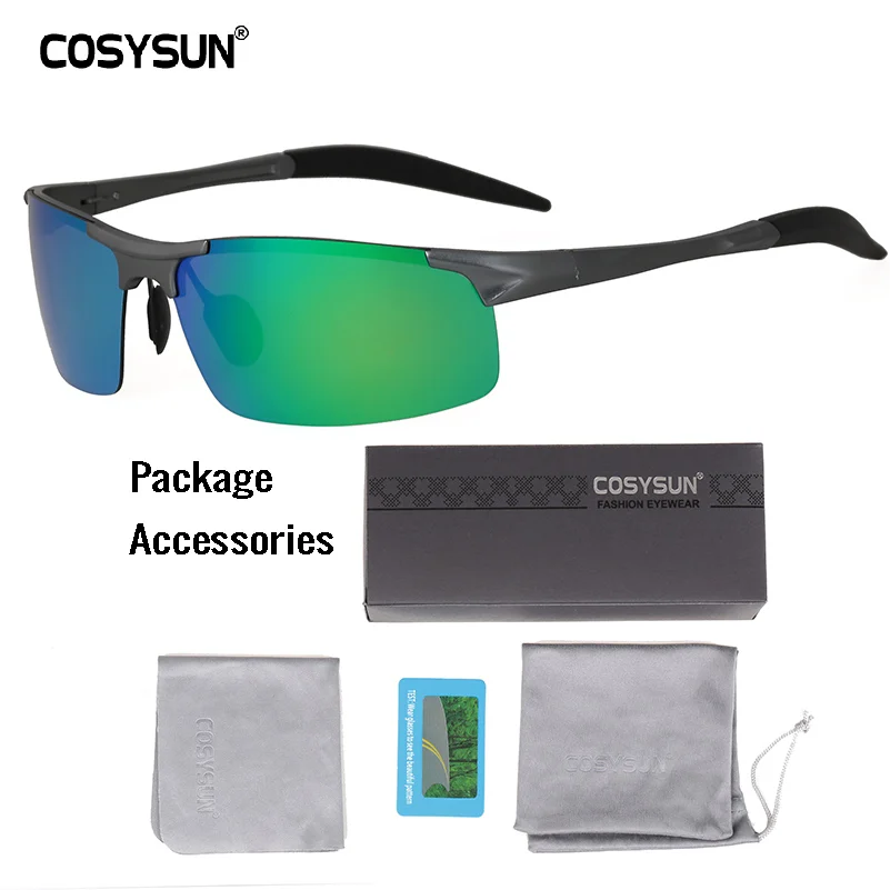 BlackGreen Brief PKG COSYSUN мужские поляризованные солнцезащитные очки из алюминиевого сплава, мужские солнцезащитные очки с зеркальными линзами, поляризованные солнцезащитные очки для вождения, мужские солнцезащитные очки, 6 цветов - Цвет линз: BlackGreen Brief PKG