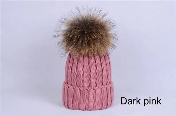 Wich inshower, шапка из натурального меха енота, теплая шерстяная зимняя шапка с помпоном из натурального меха, женская вязаная Лыжная шапка с меховым шаром - Цвет: Leather powder color