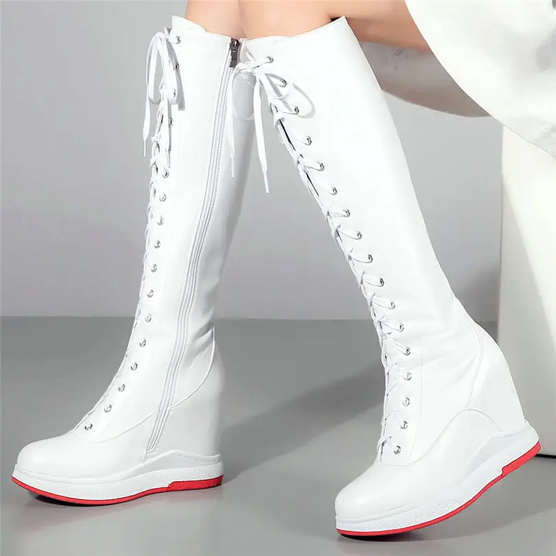Thigh High Boots Women Genuine Leather Lace Up Knee High Booties Wedges High Heel Tall Shaft Punk Sneakers Winter Punk Creepers