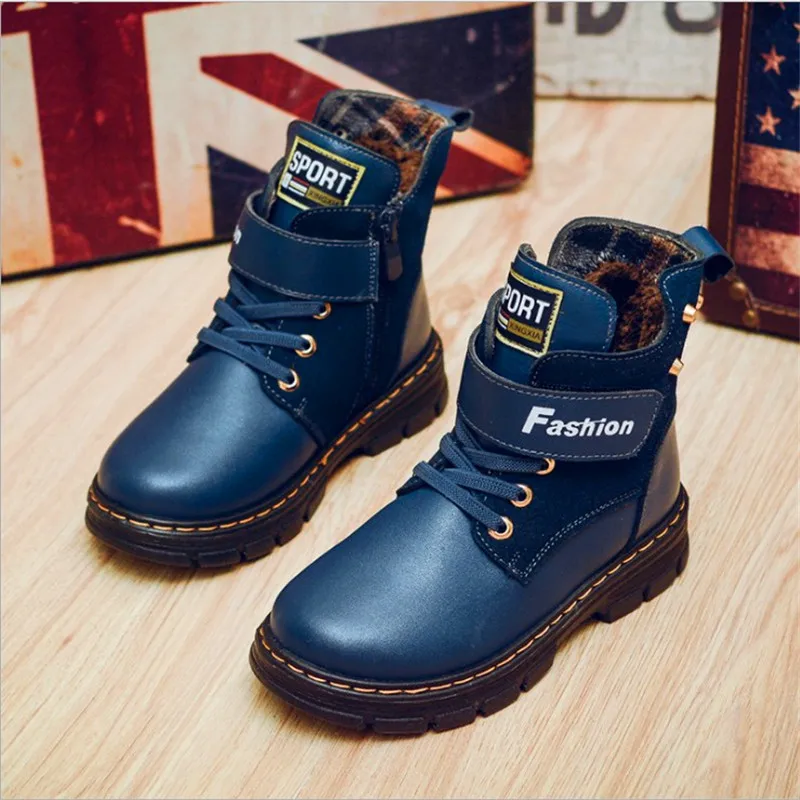 New Children Boots Autumn Winter Genuine Leather School Boy Shoes Fashion Snow Plush Warm Waterproof Kids High-top | Мать и ребенок