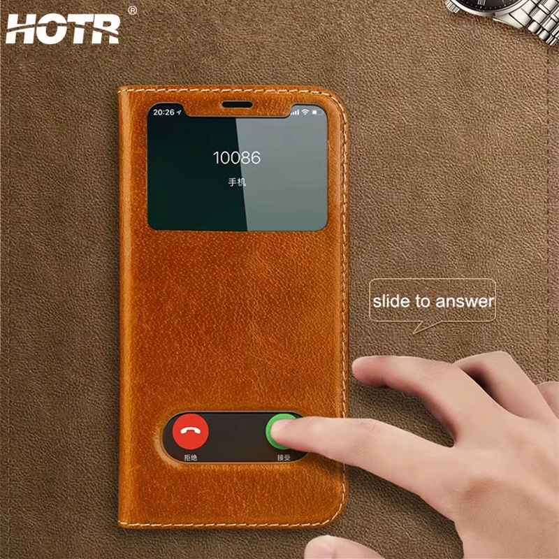 Чехол с окошком из натуральной кожи для iphone X, XS, XR, XS, Max, настоящая кожа, бесплатный ответ, чехол для iphone 6, 6s, 7, 8 plus, полная защита кожи