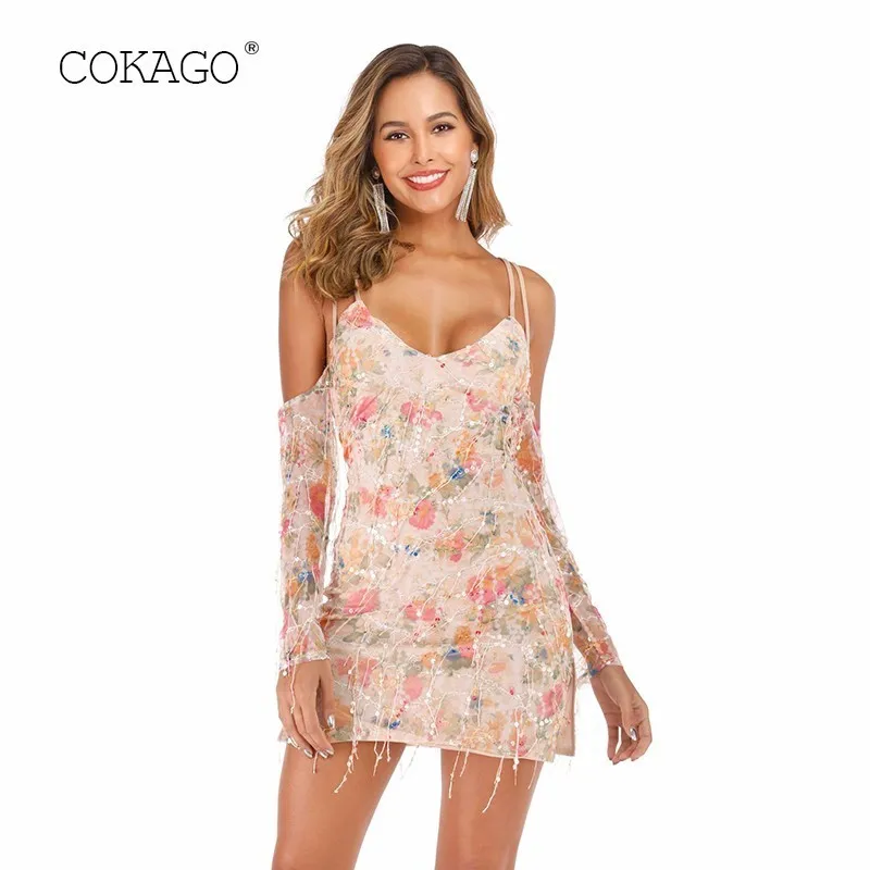 Кокаго Воротник V Мини Сексуальное Платье Женщин Лоскутное Платья Женщин Длинный Рукав Печать Лето 2019 Плюс Размер Роб Фэмм он