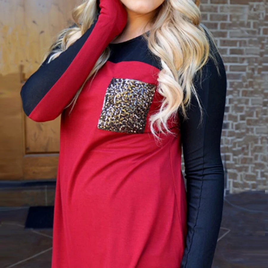 Женские повседневные длинные футболки с блестками лоскутные топы круглым