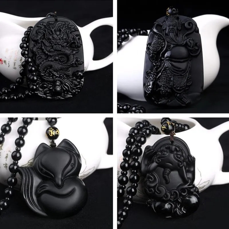 

Fooderwerk Jewelry Vintage imitation natural obsidian necklace Guan Gonglong plaque big belly Buddha long sweater chain