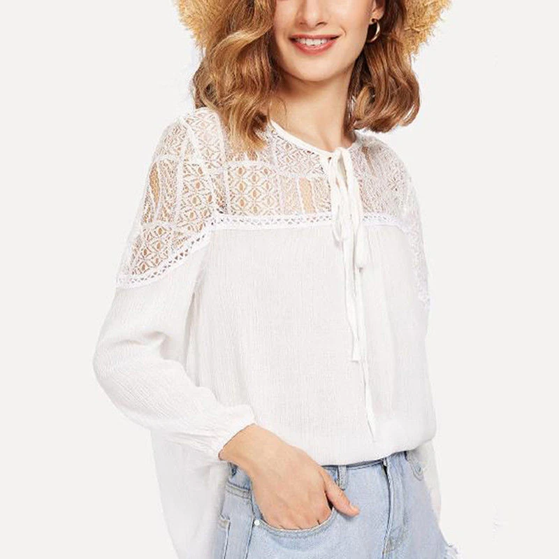 Летняя кружевная блузка с круглым вырезом и бантом Женские топы блузки милые
