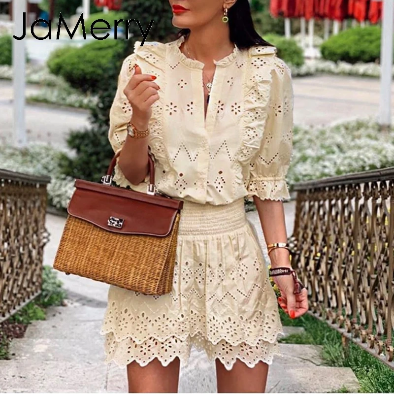 JaMerry элегантная Кружевная блуза с вышивкой женские летние топы коротким рукавом