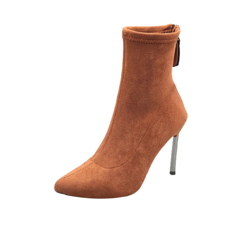 Brown-Stiletto heel Aphixta/Сапоги на шпильке; женская обувь; женские сапоги из эластичной ткани на молнии; сапоги до середины икры с острым носком; эластичные высокие сапоги на тонком высоком каблуке - Цвет: Brown-Stiletto heel