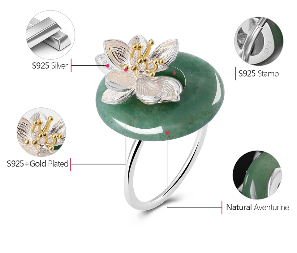 Lotus Fun, настоящее 925 пробы, серебро, натуральный зеленый камень, креативное, ручной работы, хорошее ювелирное изделие, шепот лотоса, кольцо для женщин, Brincos