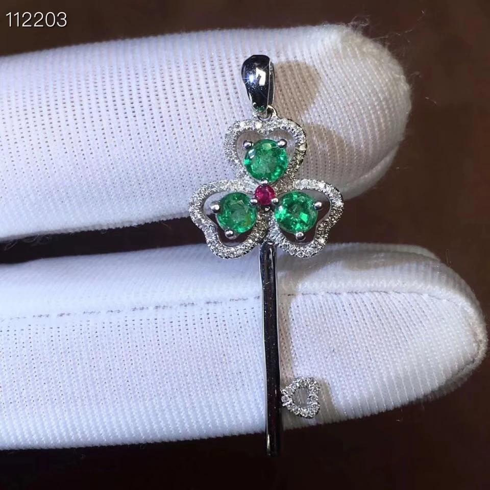 natural green emerald pendant S925 silver Natural gemstone Pendant Necklace trendy elegant Key Clover women party fine jewelry