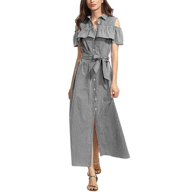 2018 модное летнее платье с оборками открытыми плечами платье-рубашка Для женщин