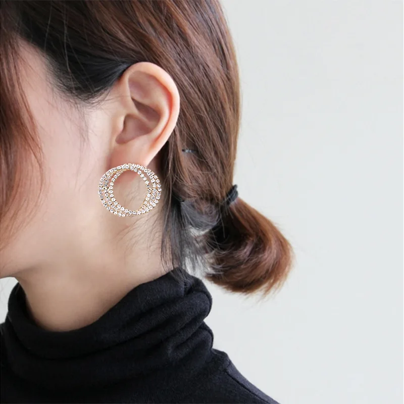 Женские серьги со стразами круглые для свадьбы розовое золото серебристый цвет