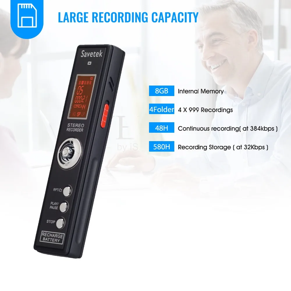 Перезаряжаемая USB ручка диктофон цифровой mp3 плеер запись 384 кбит/с встроенный