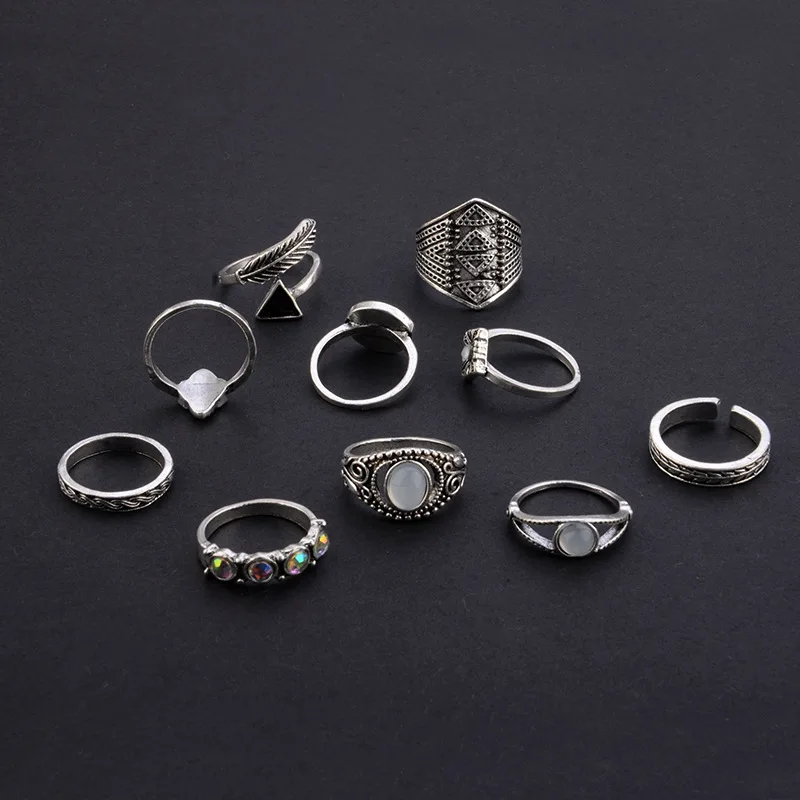 Sindlan Ring Fashion Vintage Jewelry Bohemian Engraving Motif Crystal Opal Exaggerated Punk 10pcs / Set Knuckle For Women | Украшения и