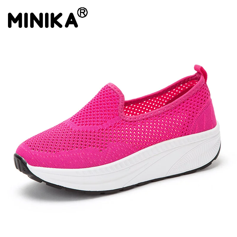 rose red Minika/сезон лето; коллекция года; Повседневная дышащая обувь на танкетке; Chaussure Femme; женская обувь на платформе; zapatos mujer - Цвет: rose red