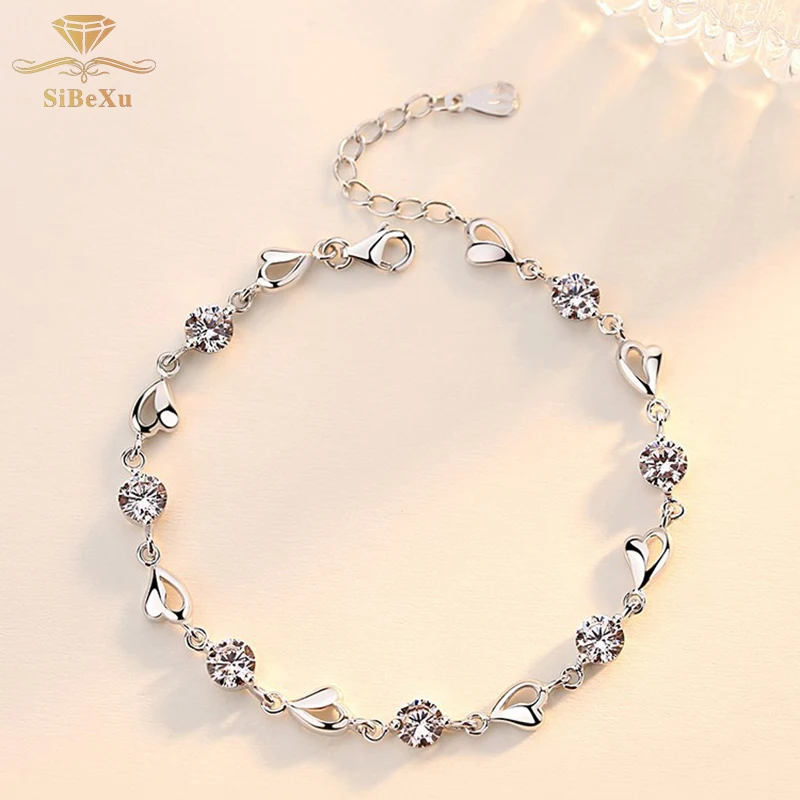 Женский серебряный браслет в форме сердца с кристаллами Diomand с элементом Swarovski ювелирные изделия для невесты Шарм кубический циркон прозрачные браслеты CZ подарок