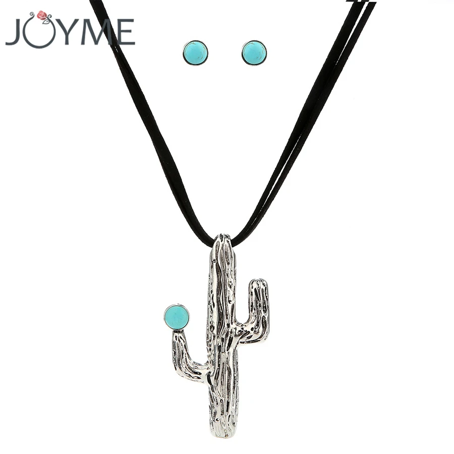 Кактус Кулон ожерелье для свитера женщин в богемном стиле с голубым камнем