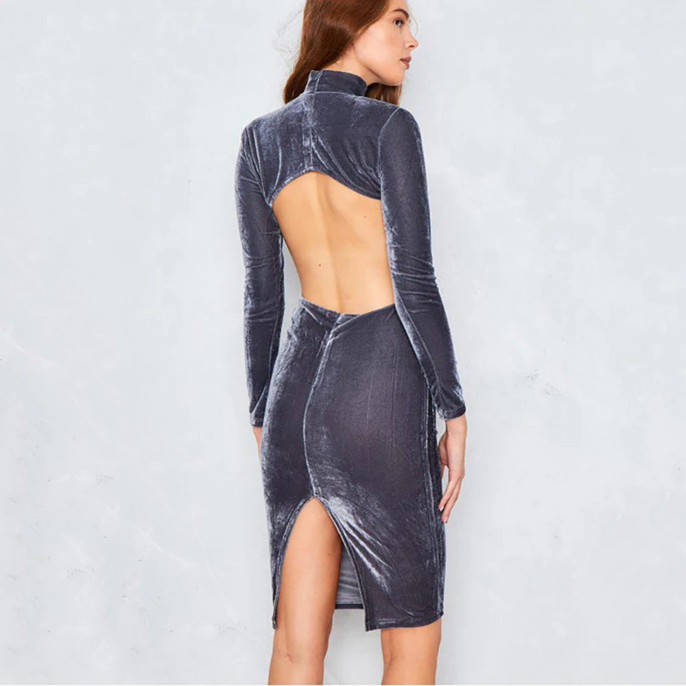 Sheinnet Velvet Skinny Dress Brief Bcakless Bodycon Women Clothing Autumn Elegant Sexy Slim Casual Female Vestido | Женская одежда