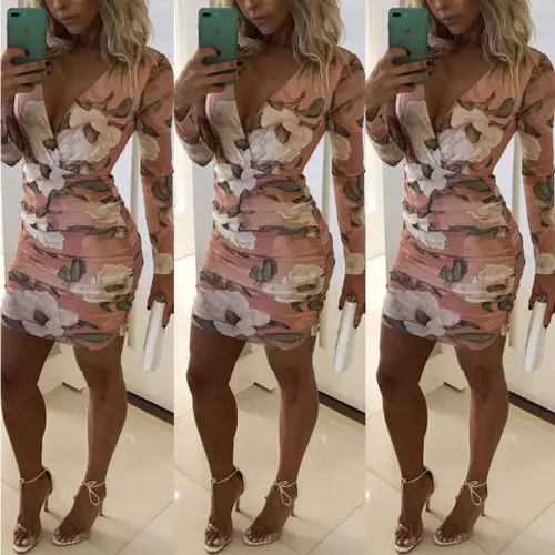 Модное женское Бандажное мини-платье с длинным рукавом и глубоким v-образным