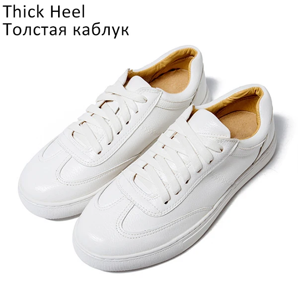 White Thick Heel Кожаная женская белая обувь на плоской подошве; повседневная обувь на платформе; сезон весна-осень; женские кроссовки на шнуровке; обувь для вождения; большие размеры - Цвет: White Thick Heel