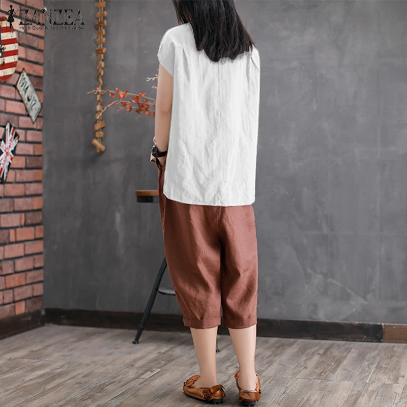ZANZEA, женская летняя блузка, для работы, OL Blusas, однотонная, хлопок, лен, рубашка, Повседневная, короткий рукав, топы, Camisas Mujer размера плюс, блузка