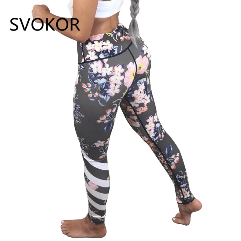 

SVOKOR Flower Printed Leggings Women 2018 Polyester Ankle-Length Pants Standard Push Up Female Legging For Fitness