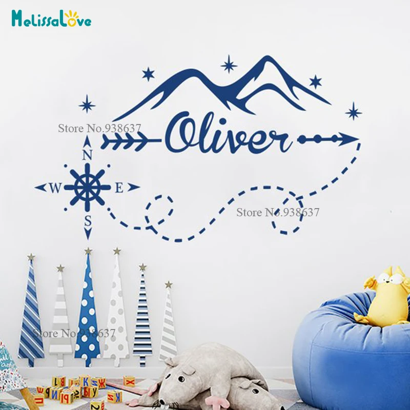 Наклейка с надписью на заказ «горы Приключения Компас», дизайн стрел, персонализированная наклейка для детской комнаты, наклейка, украшение BA019