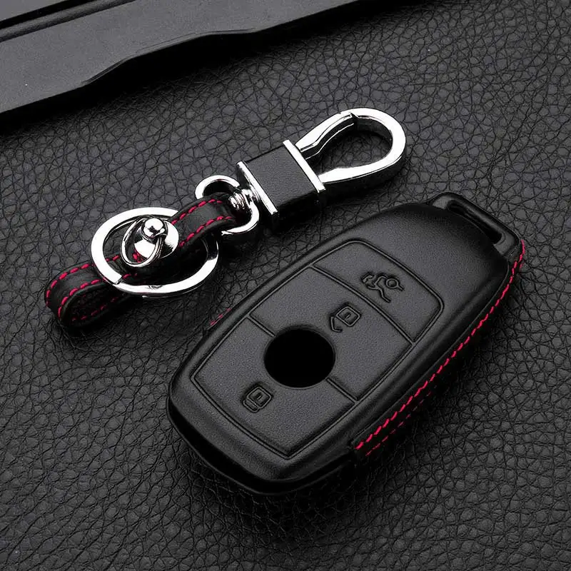 Black Кожаный чехол для ключей автомобиля для Mercedes Benz AMG E класс W213 брелок кольцо Крышка Аксессуары для стайлинга автомобилей - Название цвета: Black