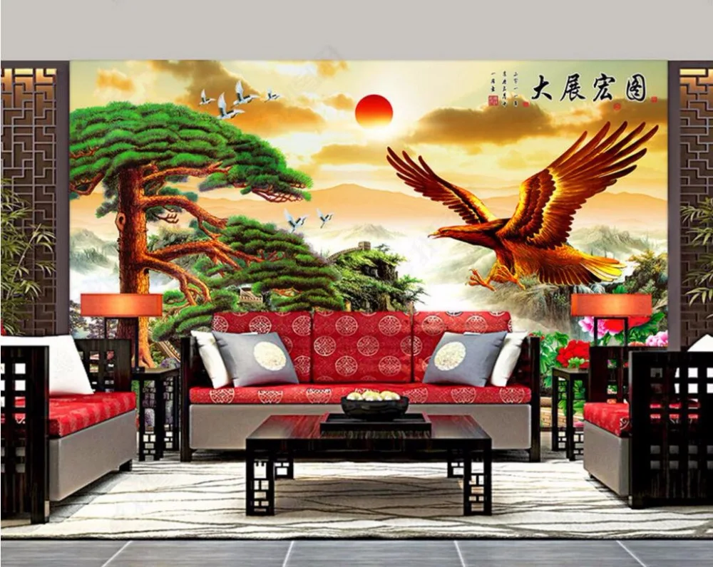 Custom photo 3d room wallpaper Chinese landscape sunrise pine eagle scenery painting 3d wall murals wallpaper for walls 3 d