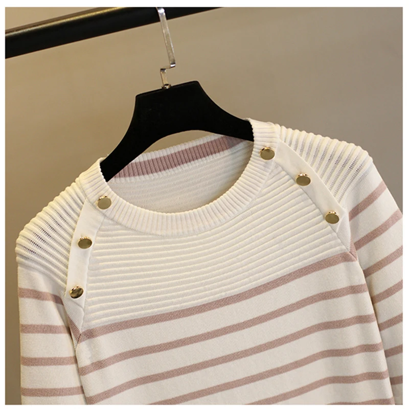 Women striped Pullover Sweater 2019 Spring Autumn Half Sleeve Pullovers Button Decorate Striped Knitted Sweaters Female Topss | Женская